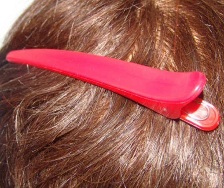 Red Lucky Grip Clips in hair